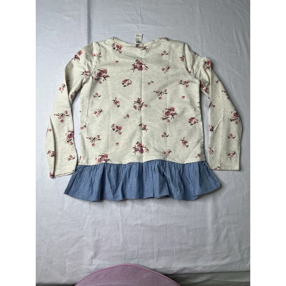 Oshkosh B Gosh Floral Long Sleeve Top with Denim Ruffle, Size‎ 12